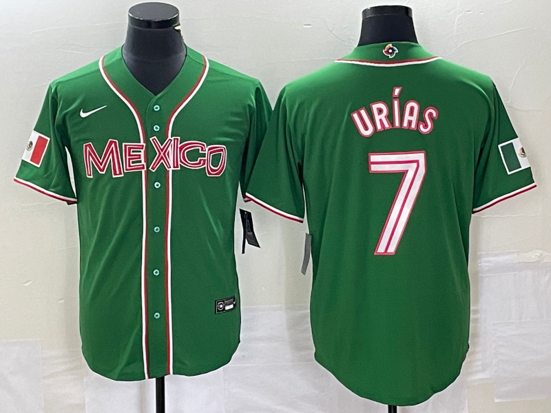Men's Mexico Baseball #7 Julio Urías 2023 Green World Baseball With Patch Classic Stitched Jersey